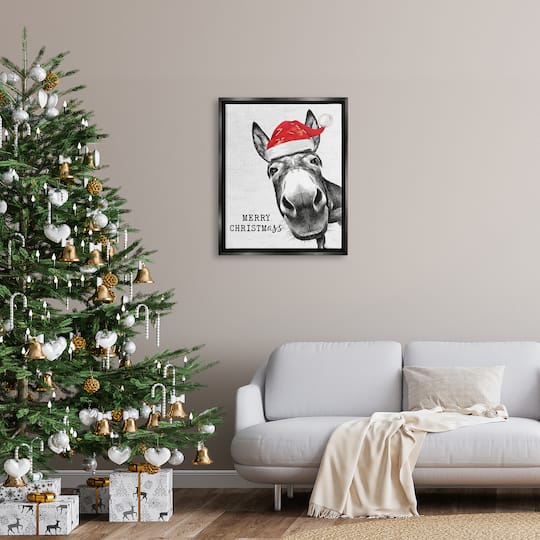 Stupell Industries Merry Christmass Funny Donkey Framed Floater Canvas Wall Art